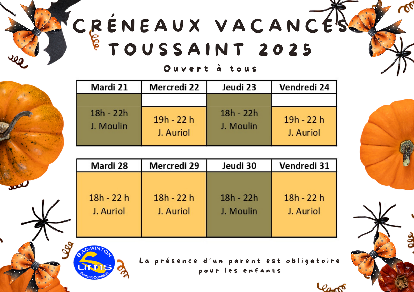 Créneaux jeu libre des vacances Toussaint 2025