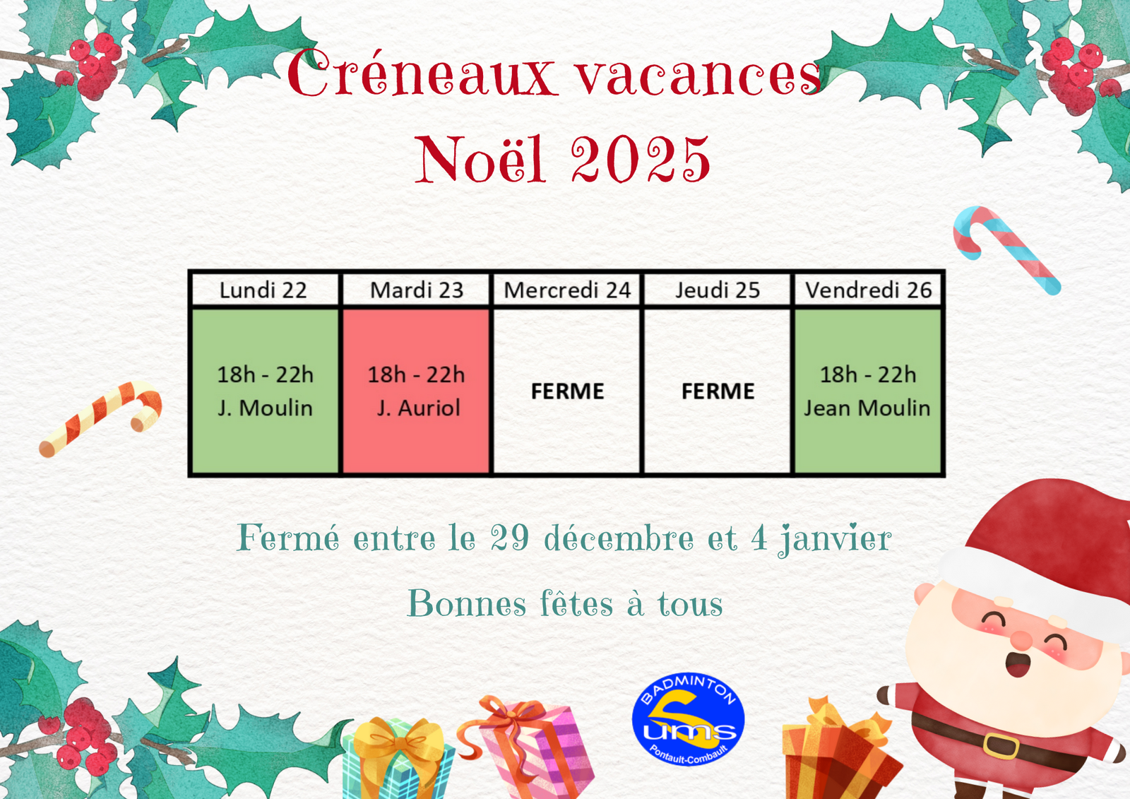 Créneaux jeu libre des vacances Noël 2025