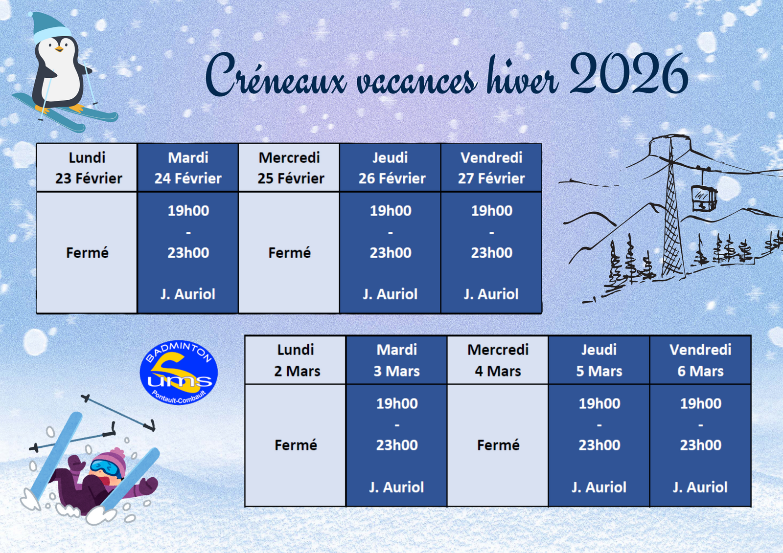 Créneaux jeu libre des vacances Hiver 2026