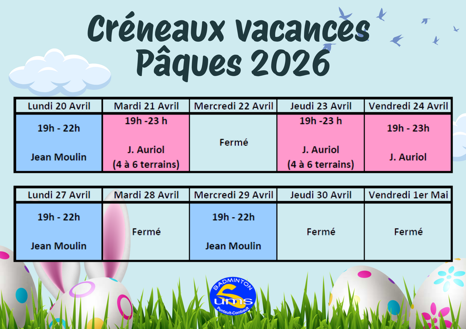 Créneaux jeu libre des vacances Pâques 2026