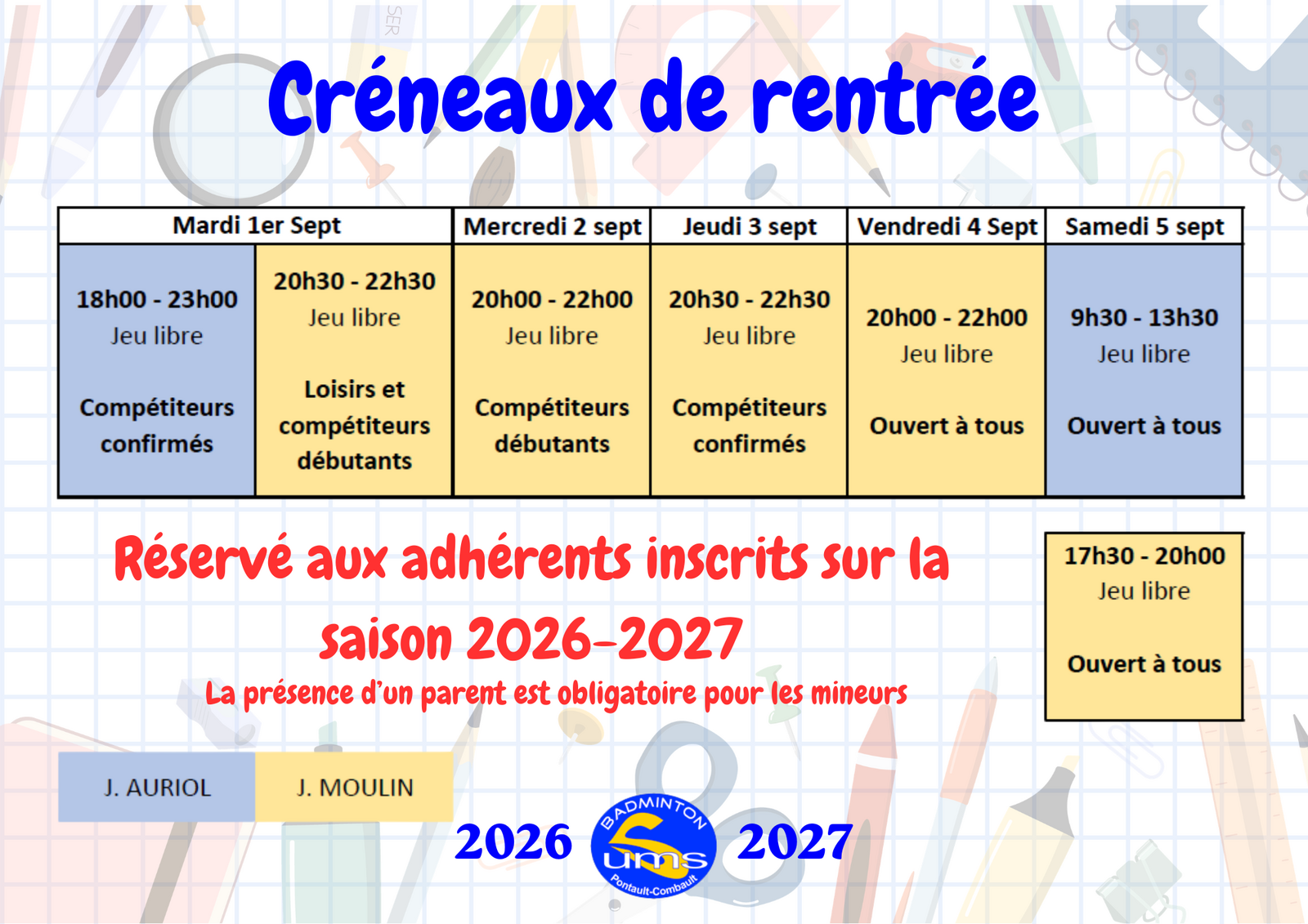 Créneaux de rentrée 2026 / 2027