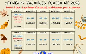 Créneaux de la Toussaint 2026
