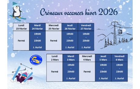 Créneaux jeu libre des vacances Hiver 2026